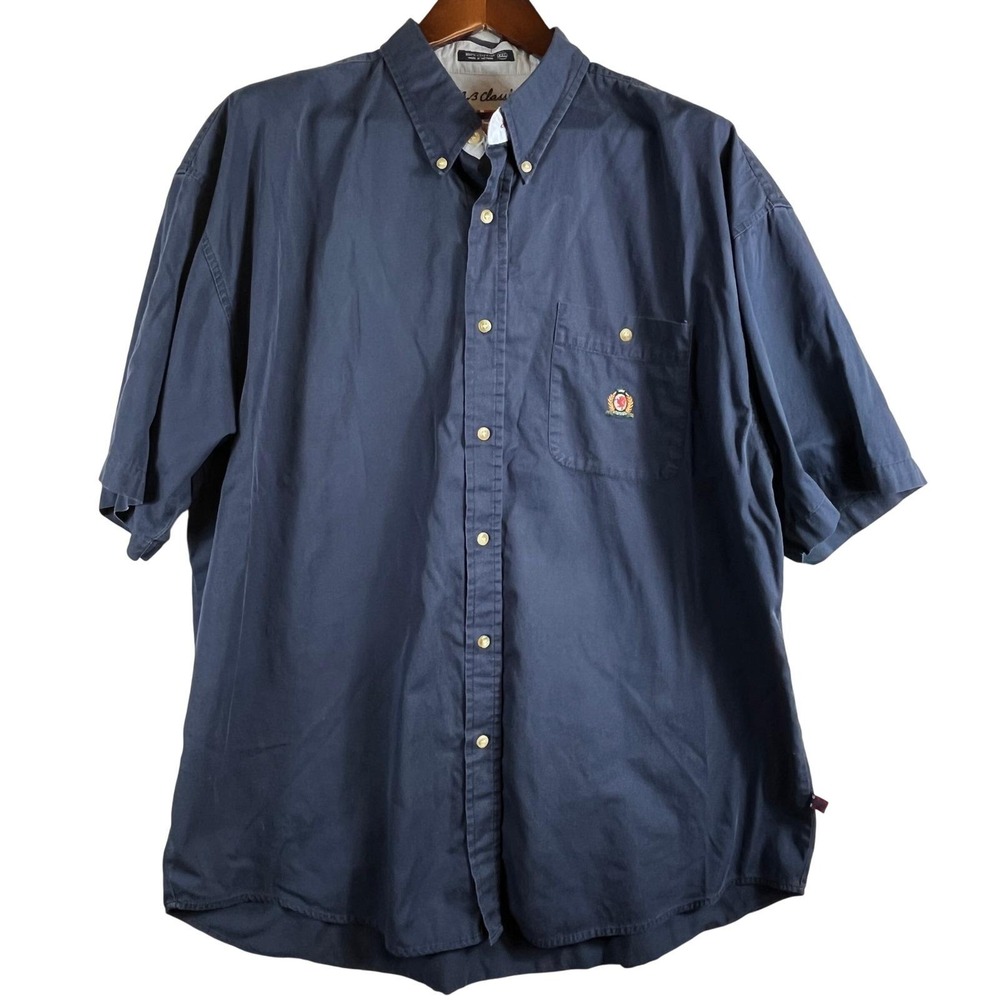 VTG Bugle Boy Mens XXL Navy Cotton Button Down Shirt Crest Logo Short Sleeve 90s
